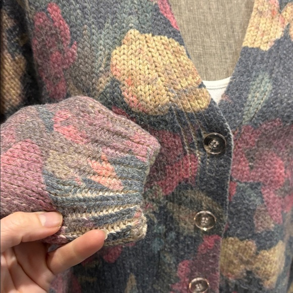 Zara Floral Knit Cardigan L Grey Pink Oversized Button Front - Picture 6 of 14